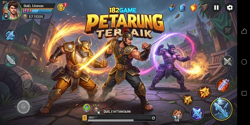 Screenshot gameplay menampilkan pertarungan intens antar karakter di arena.