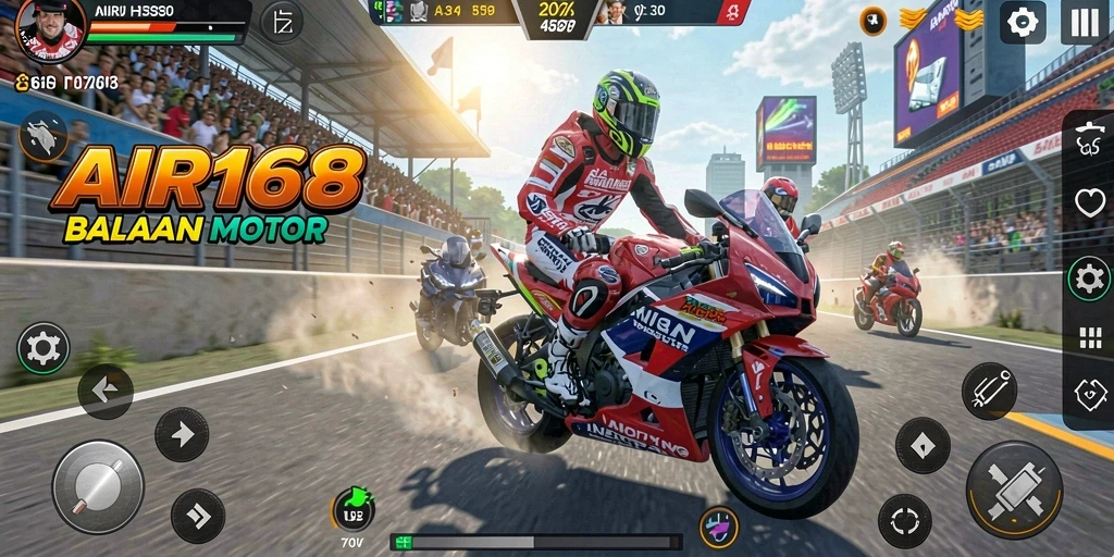 Gambaran gameplay aksi balapan motor yang mendebarkan dan seru.
