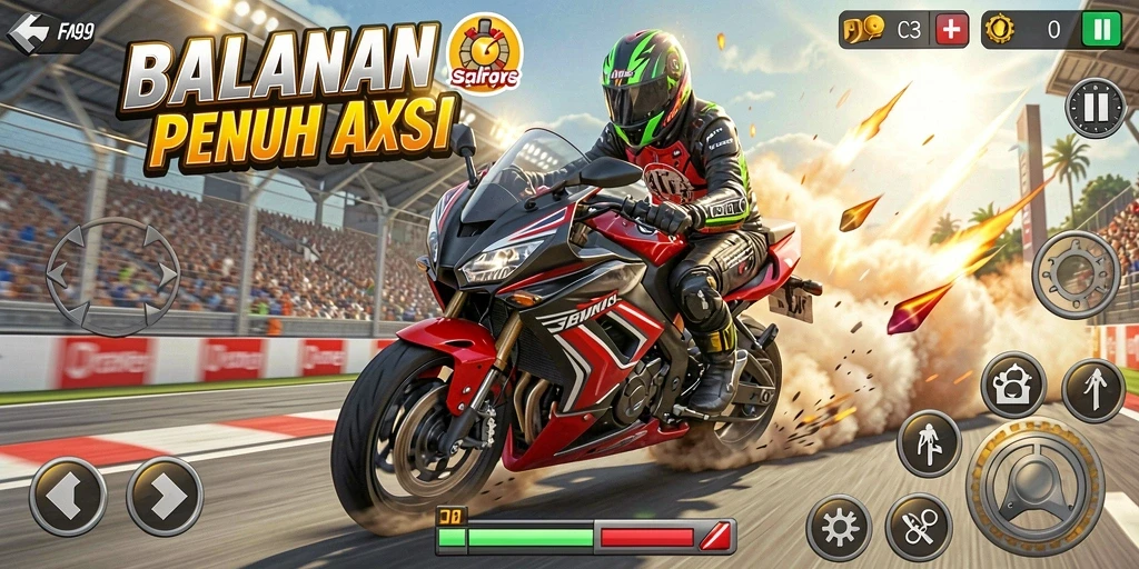 Tampilan gameplay seru di lintasan balap motor.