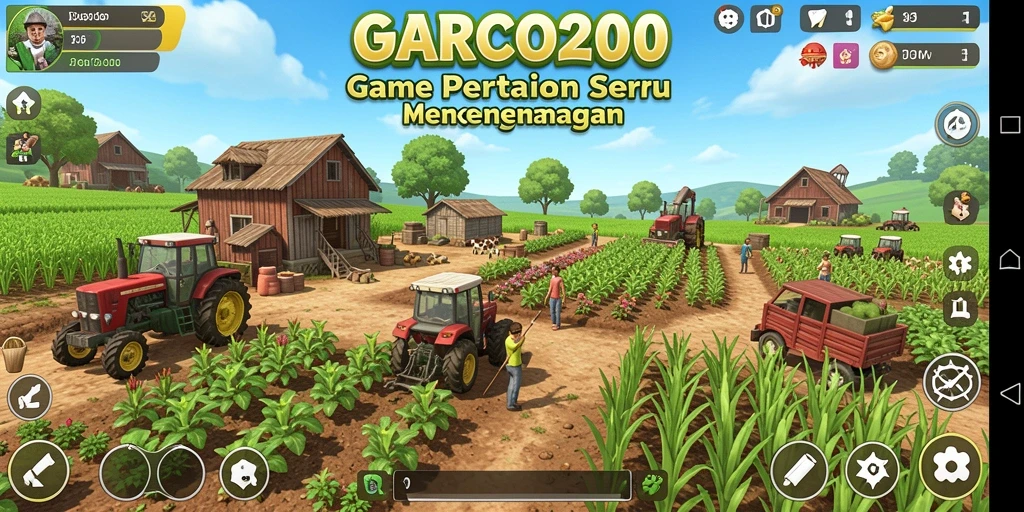 Screenshot gameplay GARCO200 menampilkan ladang yang subur dan aktif.