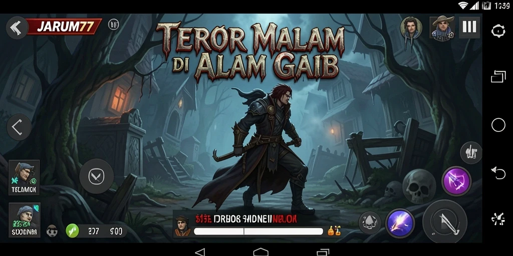 Screenshot utama JARUM77 menampilkan gameplay menyeramkan di lokasi angker.