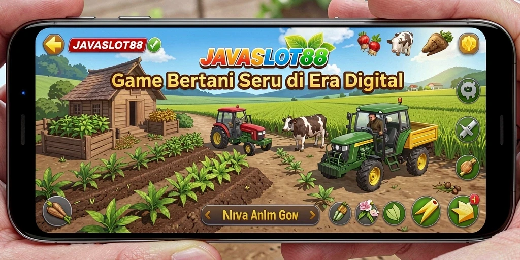 Tangkapan layar dari gameplay <strong>JAVASLOT88</strong> menunjukkan petani mencangkul tanah dan menanam biji-bijian.
