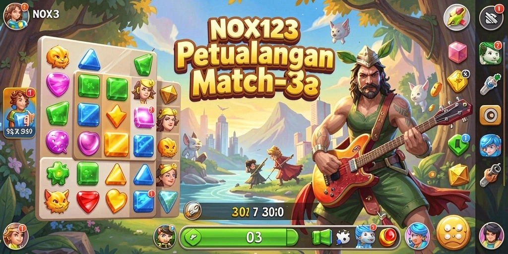Gameplay seru dalam NOX123 dengan tantangan Match-3 menarik.