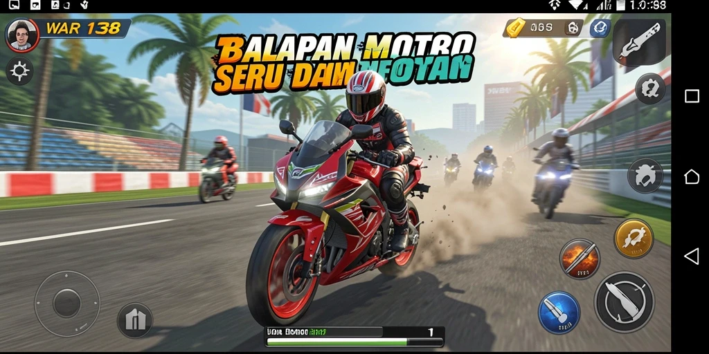 Screenshot menarik dari gameplay balapan motor yang mendebarkan.
